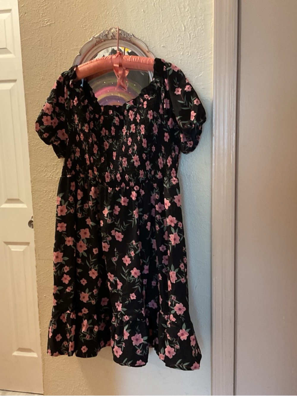 Woman’s Black Floral Smocked Sundress with Pink Blossoms